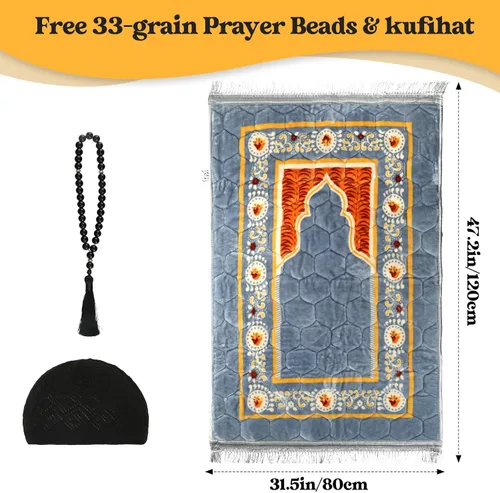 Miniatura 2 de Alfombra de oración musulmana con cuentas de oración Tasbih y sombrero de kufi, acolchada muy gruesa, alfombra de oración para hombres y mujeres