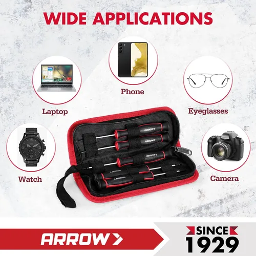 Miniatura 7 de ARROW - Juego de destornilladores de precisión de 5 piezas con bolsa, juego de destornilladores pequeños magnéticos, Phillips, ranurado, acero Cr-V