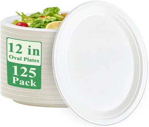 Vplus Platos de papel 100% compostables ovalados 30 cm 125 unidades Platos de papel desechables súper resistentes de bagazo natural biodegradables