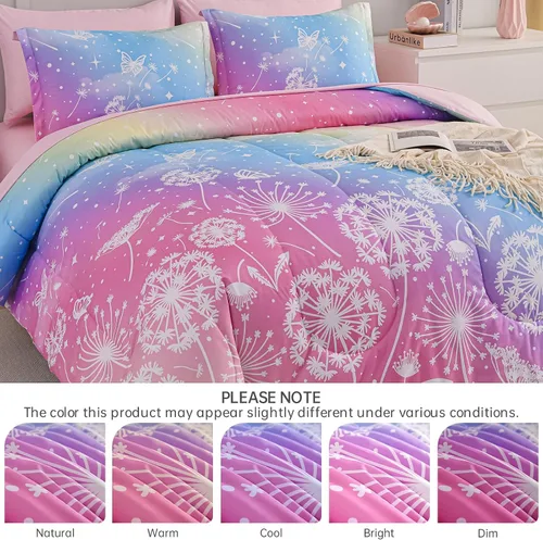 Miniatura 12 de Dinjoy Juego de edredón para niñas, tamaño individual, colorido, azul, rosa, morado, arcoíris, juego de ropa de cama de 6 piezas en una bolsa