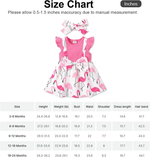 Miniatura 7 de PATPAT Vestido para bebé recién nacida, manga con volantes, vestido con tirantes y diadema con lazo, talla 3M-3T