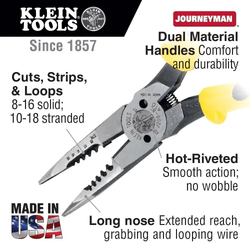 Miniatura 2 de Klein Tools J206-8C Alicates de punta larga multiuso con resorte, fabricados en Estados Unidos, acero forjado con mangos Journeyman de material dual