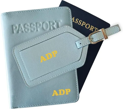 Miniatura 15 de Soporte personalizado de cuero con monograma RFID para pasaporte y etiqueta de equipaje, montura antigua, Juego de funda para pasaporte y etiqueta