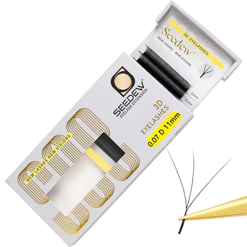 Miniatura 88 de Extensiones de pestañas con doble punta 3D, rizo D de 0.003 in, mezcla de 0.315-0.591 in, 12 filas por bandeja, tallo plano 3DD en forma de W
