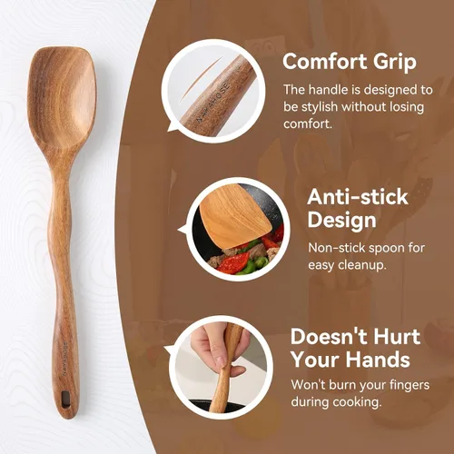 Miniatura 6 de 10 piezas de cucharas de madera para cocinar con reposa cucharas y soporte, juego de utensilios de cocina de madera de 12 pulgadas, utensilios