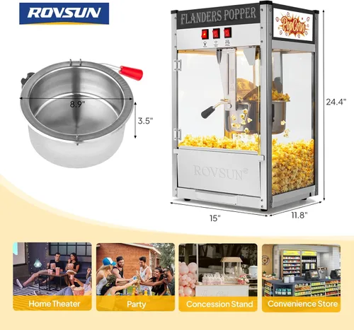 Miniatura 7 de Máquina de palomitas de maíz ROVSUN con hervidor de 10 onzas que hace hasta 4 galones, máquina de palomitas de maíz comercial de mostrador con Negro