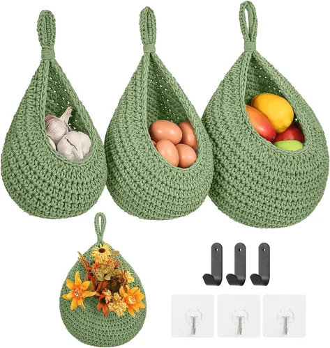 Miniatura 10 de Canastas colgantes de frutas boho para pared de cocina, paquete de 3, contenedor tejido para productos con 6 piezas de ganchos fuertes, cesta de lino