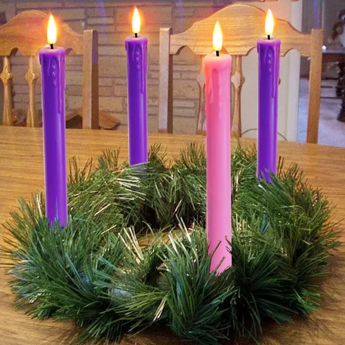 Miniatura 2 de Juego de 4 Luces de Velas LED de Navidad, Velas Cónicas que Funcionan con Batería para Corona de Adviento, 3 Moradas 1 Rosa Velas de Cera Sin Llama