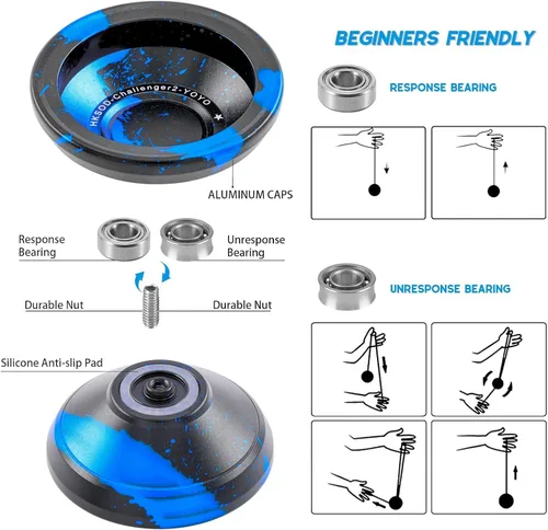 Miniatura 5 de C2 Yoyo - Yoyos profesionales sensibles, principiantes y adultos, yoyos de doble función, yoyo de metal con bolsa, guantes, 10 cuerdas de yoyo y kit