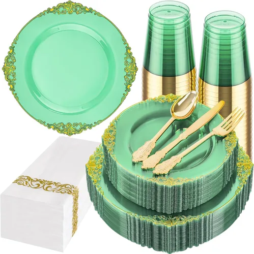 Hioasis 175 platos de plástico verde transparente, elegante juego de vajilla desechable adecuado para 25 invitados, incluye platos de cena de 10.25