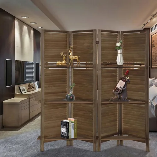 Miniatura 3 de Divisor de habitación de 4 paneles con estantes, separadores de habitación y pantallas de privacidad plegables, separadores de habitación plegables