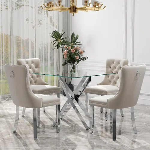 Miniatura 39 de Juego de comedor de 3 piezas con superficie de vidrio transparente, juego de comedor cuadrado minimalista moderno de 36'', juego de mesa de cocina