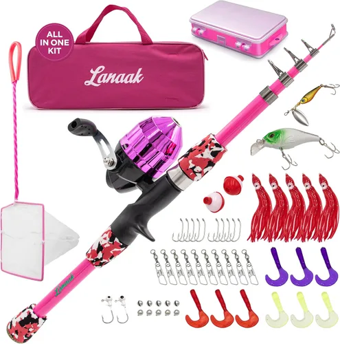 Miniatura 12 de Lanaak Caña de Pescar para Niños, Juego de Caña de Pescar Telescópica Portátil para Niños, Kit Combo de Caja de Aparejos y Red de Pesca, Equipo