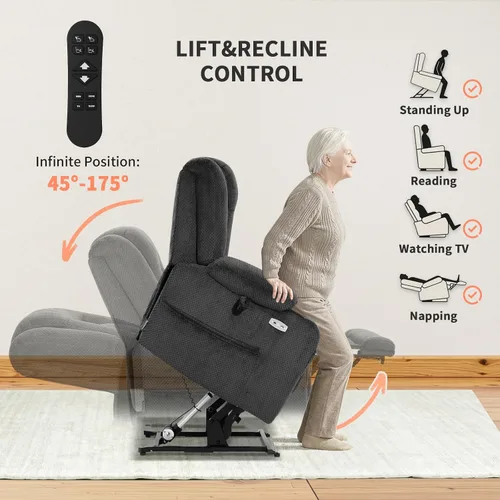 Miniatura 4 de EONIX Sillón reclinable Lay Flat Power Lift con calor y masaje, silla eléctrica de elevación de doble motor para ancianos para recuperación Gris