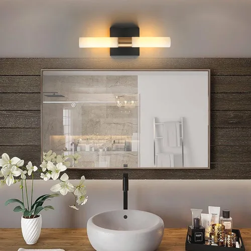 Miniatura 6 de KUZZULL Juego de dos apliques de pared negros y de latón con pantalla de vidrio esmerilado blanco lámpara de pared moderna para baño, sala de estar