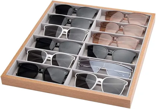 Homeanda 12 rejillas marco de madera gris terciopelo gafas caso gafas organizador gafas de sol soporte gafas caso gafas gafas caja gafas gafas gafas
