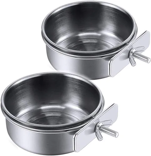 Miniatura 8 de PINVNBY 2 piezas cuencos de acero inoxidable para pájaros, cuencos para agua y alimentos con soporte de abrazadera, comedero de pájaros, tazones