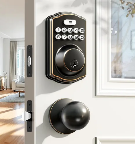 Veise Cerradura de puerta de entrada sin llave con 2 perillas, cerrojo electrónico retroiluminado con asa, bloqueo automático, códigos únicos,