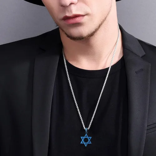 Miniatura 67 de U7 - Collar con Estrella de David para hombres y mujeres, dije hexagonal de acero inoxidable con cruz/piedra de rubí/collares clásicos judíos