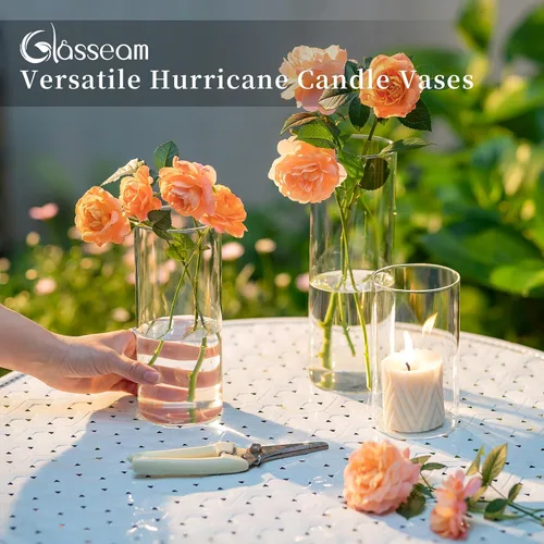 Miniatura 5 de Glasseam Jarrón cilíndrico de vidrio transparente, 6 jarrones de cristal para centros de mesa, pilar moderno de huracán o portavelas flotante