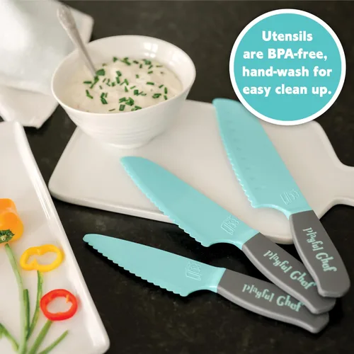 Miniatura 4 de Playful Chef: Juego de cuchillos de seguridad para niños, 3 cuchillos, cuchillas de plástico con bordes dentados, seguros para manos pequeñas, a
