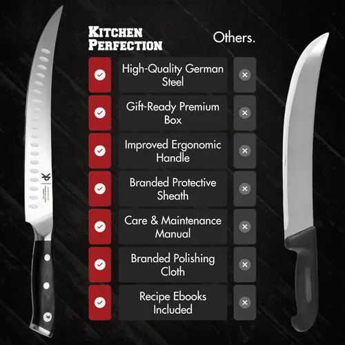 Miniatura 6 de KITCHEN PERFECTION - Cuchillo carnicero de 10" para corte y recorte de carne - Cuchillo cimitarra ultra afilado para trocear y rebanar con funda
