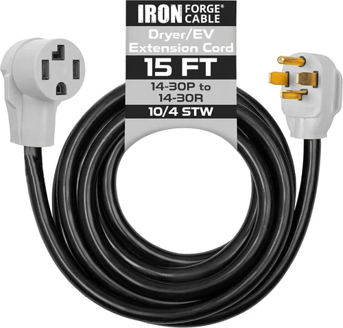 Iron Forge Cable Cable de extensión para secadora/vehículo eléctrico de 15 pies, cable de calibre 10 STW negro de 14-30P a 14-30R, 30 amperios