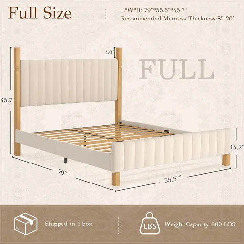 Miniatura 2 de Yechen Marco de cama de madera de tamaño matrimonial con cabecero, postes de madera maciza y plataforma de pies, no necesita somier, lino beige