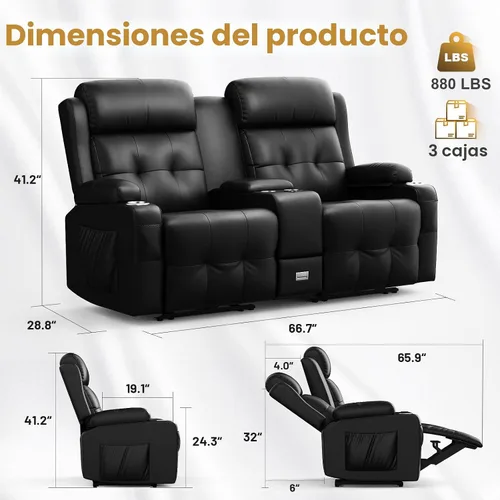 Miniatura 2 de Sofá reclinable de dos plazas, asientos de cine en casa, sofá reclinable con USB, consola central, sillón reclinable de pared para caravana