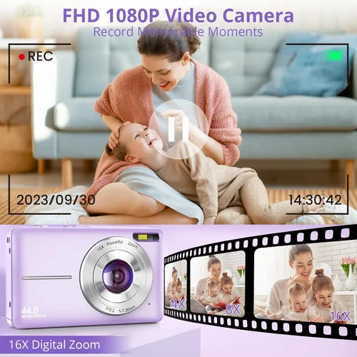 Miniatura 3 de Cámara digital 1080P 44MP Cámaras digitales, cámara de apuntar y disparar para niños con zoom de 16X, antivibración, cámara compacta de viaje