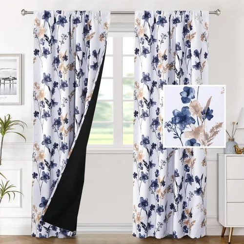 Miniatura 19 de H.VERSAILTEX Cenefas de cortina 100% opacas para ventanas de cocina, juego de 2 paneles de Cattleya con estampado floral Leah con aislamiento