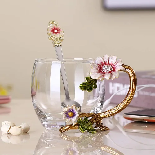 Set de taza de té JY-Danbady de cristal esmaltado con girasol, sin plomo con cucharita, regalo para Navidad, día de San Valentín. El mejor regalo