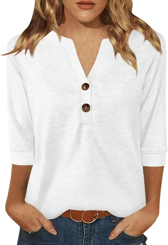 Miniatura 20 de Dimur Camisetas de manga 3/4 con cuello en V y botones para mujer, traje casual de negocios, camiseta básica de verano 2025