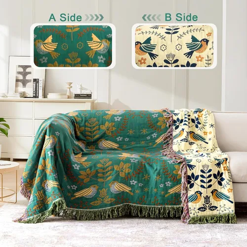 Miniatura 5 de Manta de arrullo boho 60 x 80 pulgadas, manta suave y acogedora 100% algodón para cama, mantas de otoño con decoración floral de pájaros y granja