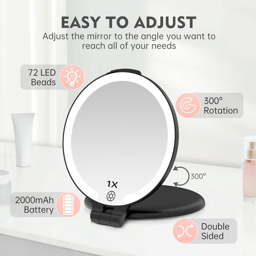 Miniatura 5 de FUNTOUCH Espejo de viaje con luz, espejo de maquillaje recargable 1X/10X con aumento, 7 pulgadas, doble cara, 3 modos de iluminación