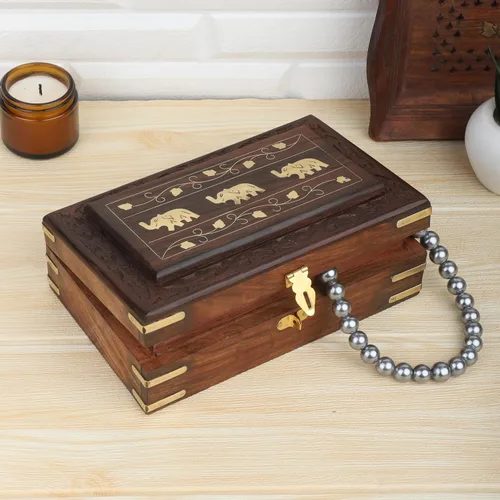 Miniatura 5 de Ajuny Joyero de madera de 8 x 5 Diseño de elefante hecho a mano con incrustaciones de latón, organizador de recuerdos y baratijas decorativo