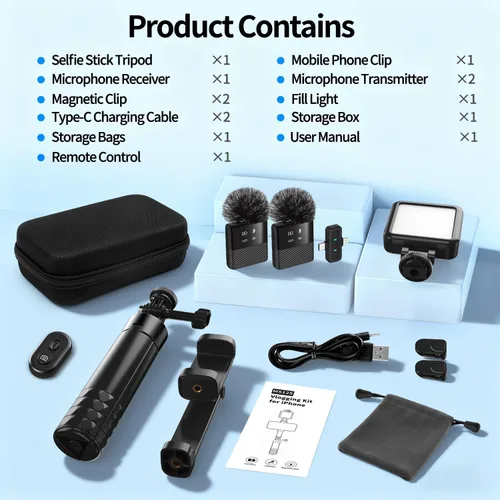 Miniatura 7 de yAyusi Kit de vlogging para iPhone/Android, trípode para selfie stick de 30.71 pulgadas con luz, micrófono y cajas de almacenamiento, kit básico