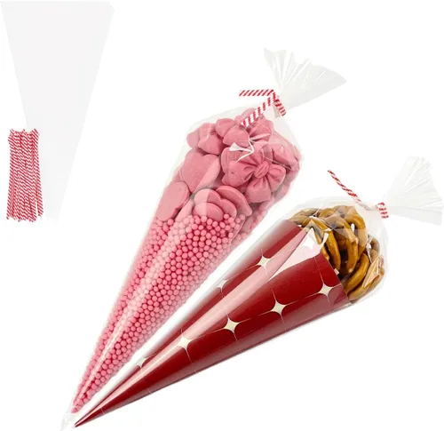Miniatura 14 de EKAPACKAGING 50 bolsas de golosinas con forma de cono de 7 x 15 pulgadas, bolsas de palomitas de maíz de San Valentín con lazos para dulces y arroz