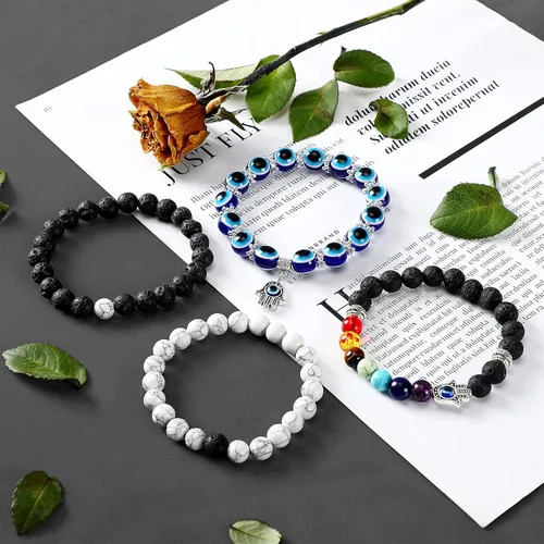 Miniatura 7 de Juego de 4 pulseras de mal de ojo, pulseras de cuentas Hamsa con dije de chakra, pulsera elástica para mujeres, adolescentes y niñas