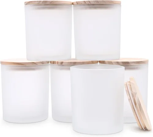 SHOWIN Tarros de vela gruesos de 14 onzas para hacer velas, 6 unidades, frascos vacíos con tapas de madera para tarros de especias, recipiente de