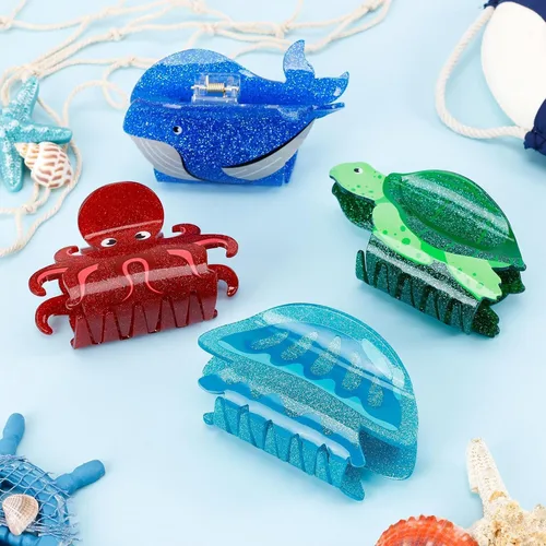 Miniatura 6 de 4 pinzas de pelo de animales marinos para mujeres y niñas, grandes, pinzas de pelo oceánicas, vida marina bajo el mar, tortuga marina, ballena
