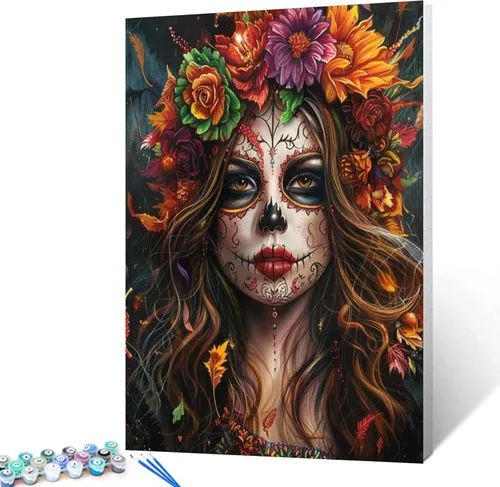 Miniatura 21 de Kit de Pintura por Números de Retrato de Mujer Calavera de Azúcar al Óleo de 16 x 20 Pulgadas, Lienzo para Halloween, Decoración para Mujeres, Chica