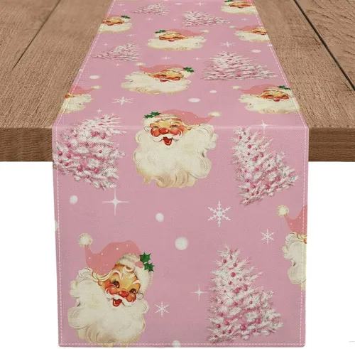 Camino de mesa de Navidad Papá Noel Árbol de Navidad Copo de nieve rosa, caminos largos para invierno, Navidad, decoración para el hogar, cocina,