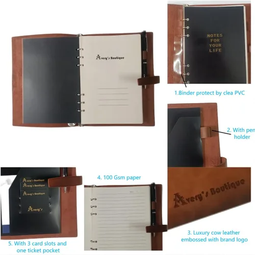 Miniatura 3 de Cuaderno de escritura en espiral de cuero genuino, cuaderno A5 con cubierta de cuero para hombres y mujeres, carpeta de 6 anillas, bloc de notas