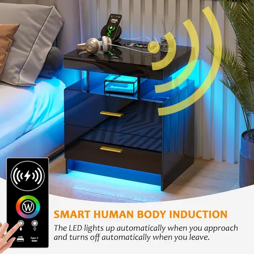 Miniatura 5 de Mesita de noche LED con estación de carga, moderna mesita de noche negra con luz de sensor corporal, mesita de noche con 2 cajones de almacenamiento