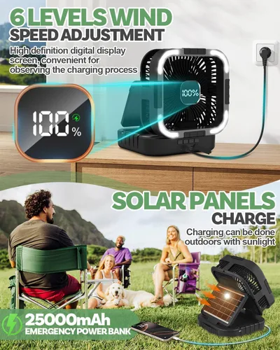 Miniatura 3 de Ventilador solar de campamento de 25000 mAh, ventilador solar recargable de oscilación de 120° con luz LED, 6 velocidades ajustables, ventiladores