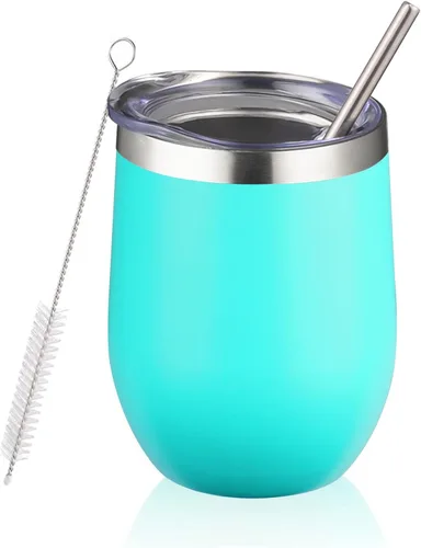 Vaso de vino aislado de 12 oz con tapa y pajita, vaso de vino de acero inoxidable sin tallo, vaso de vino de doble pared al vacío para café, Verde