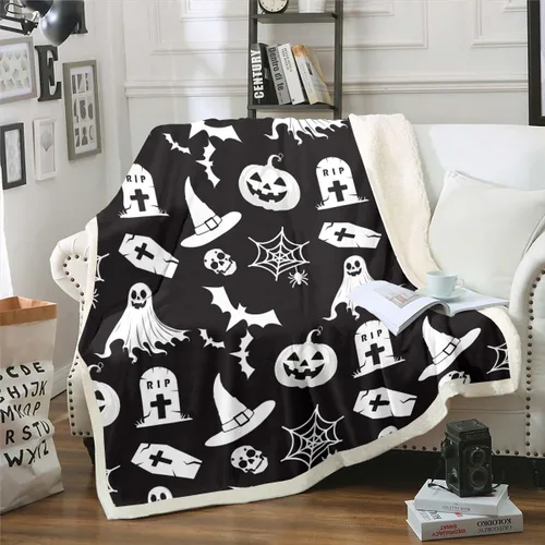 Miniatura 18 de Erosebridal Manta gótica de murciélagos de Halloween, manta de forro polar blanco y negro de 40 x 50 pulgadas, silueta vintage para niños, sombras