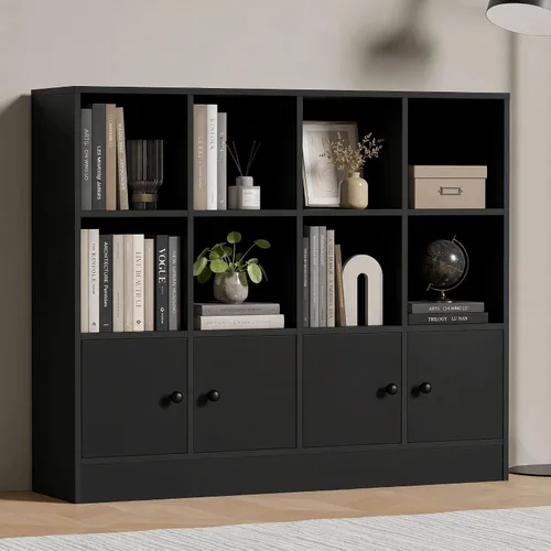 Miniatura 4 de Estantería de madera negra Cozy Castle, organizador de almacenamiento de 12 cubos con 4 puertas, gabinete de almacenamiento de 3 niveles