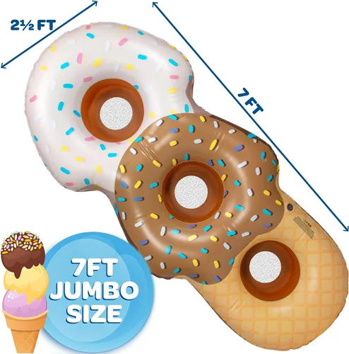 Miniatura 3 de Flotador inflable gigante XL para 3 personas con cono de helado para piscina, casi 7 pies de largo. Asientos de malla, 4 veces más grueso para más